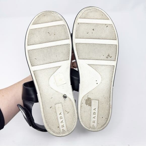 Prada Logo Embossed Rubber Trimmed Leather Sandals in Black - Picture 13 of 15